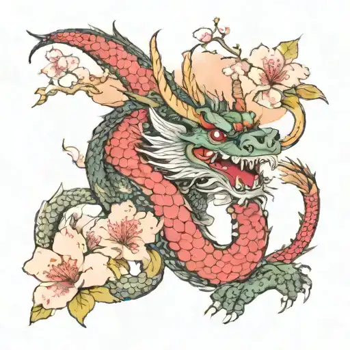 A Japanese themed oriental dragon surrounded by blooming cherry blossoms and playful cats full sleeve tattoo design idea