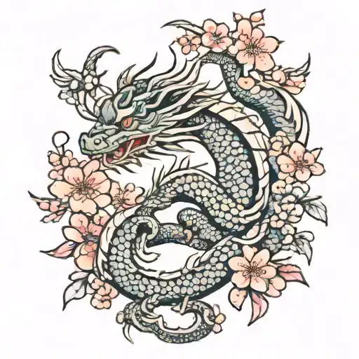 A Japanese themed oriental dragon surrounded by blooming cherry blossoms and playful cats tattoo design idea