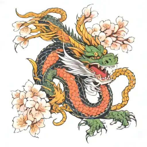 A Japanese themed oriental dragon surrounded by blooming cherry blossoms and playful cats tattoo design idea