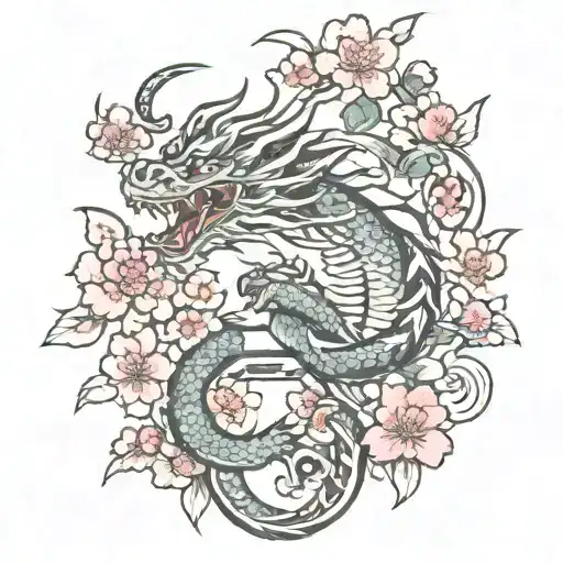 A Japanese themed oriental dragon surrounded by blooming cherry blossoms and playful cats tattoo design idea