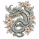A Japanese themed oriental dragon surrounded by blooming cherry blossoms and playful cats tattoo design idea