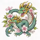 A Japanese themed oriental dragon surrounded by blooming cherry blossoms and playful cats tattoo design idea