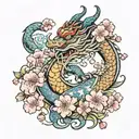 A Japanese themed oriental dragon surrounded by blooming cherry blossoms and playful cats tattoo design idea