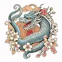 A Japanese themed oriental dragon surrounded by blooming cherry blossoms and playful cats tattoo design idea