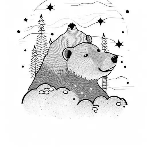 A bear standing at the edge of a lake, with a fishing rod in hand, surrounded by lush forest and a starlit night sky with mountains silhouetted in the background tattoo design idea