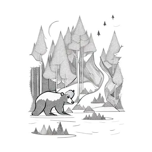 A mystical forest with bears roaming among the trees, leading to a river flowing towards a lake with a fishing dock, under a sky filled with twinkling stars and majestic mountains tattoo design idea