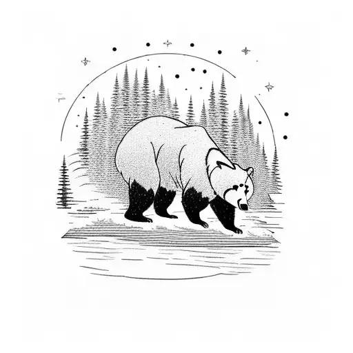 A majestic bear emerging from a dense forest towards a tranquil river leading into a serene lake with a fishing dock, under a starry night sky with towering mountains in the background tattoo design idea