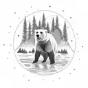 A bear standing at the edge of a lake, with a fishing rod in hand, surrounded by lush forest and a starlit night sky with mountains silhouetted in the background tattoo design idea