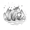 A bear standing at the edge of a lake, with a fishing rod in hand, surrounded by lush forest and a starlit night sky with mountains silhouetted in the background tattoo design idea