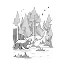 A mystical forest with bears roaming among the trees, leading to a river flowing towards a lake with a fishing dock, under a sky filled with twinkling stars and majestic mountains tattoo design idea