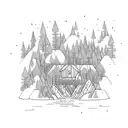 A mystical forest with bears roaming among the trees, leading to a river flowing towards a lake with a fishing dock, under a sky filled with twinkling stars and majestic mountains tattoo design idea