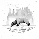 A mystical forest with bears roaming among the trees, leading to a river flowing towards a lake with a fishing dock, under a sky filled with twinkling stars and majestic mountains tattoo design idea