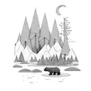 A mystical forest with bears roaming among the trees, leading to a river flowing towards a lake with a fishing dock, under a sky filled with twinkling stars and majestic mountains tattoo design idea