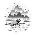 A bear standing at the edge of a lake, with a fishing rod in hand, surrounded by lush forest and a starlit night sky with mountains silhouetted in the background tattoo design idea