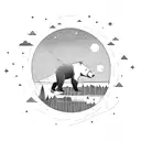 A bear standing at the edge of a lake, with a fishing rod in hand, surrounded by lush forest and a starlit night sky with mountains silhouetted in the background tattoo design idea