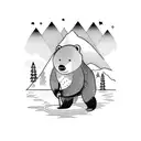 A bear standing at the edge of a lake, with a fishing rod in hand, surrounded by lush forest and a starlit night sky with mountains silhouetted in the background tattoo design idea