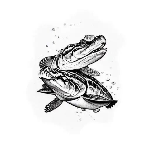 a kayak with, alligator snapping turtles, small mouth bass, water snakes, and walleye under it in the water tattoo design idea