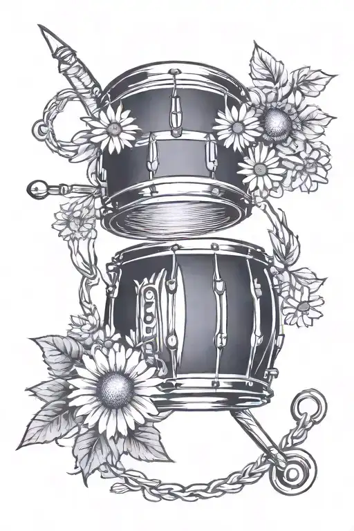 A traditional tattoo of a drum surrounded by a wreath of daisies tattoo design idea