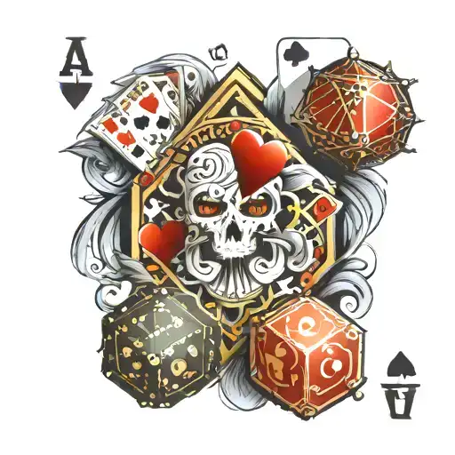 fanned out playing cards with a dice in front  tattoo design idea