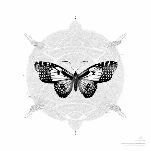 A beautiful butterfly with hair-like patterns flying over the Atlanta Ga skyline tattoo design idea