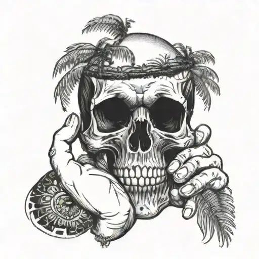 A father holding a skull in one hand and a palm tree in the other, showcasing the duality of his roles tattoo design idea