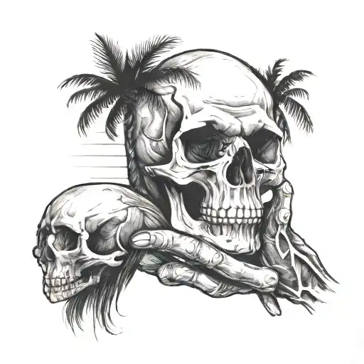 A father holding a skull in one hand and a palm tree in the other, showcasing the duality of his roles tattoo design idea