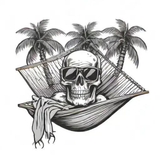 A skull wearing sunglasses relaxing in a hammock between two palm trees tattoo design idea