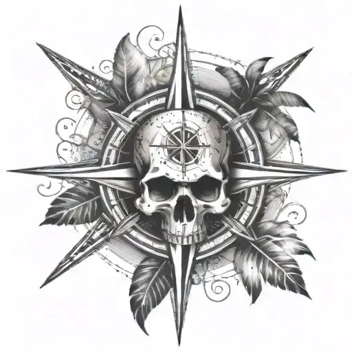 An intricate compass rose with a skull at the center, adorned with ocean waves and palm leaves tattoo design idea