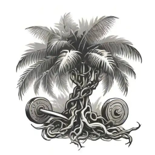 Intricate palm tree roots forming barbells tattoo design idea