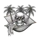 A skull wearing sunglasses relaxing in a hammock between two palm trees tattoo design idea