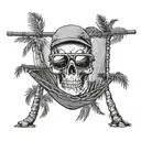 A skull wearing sunglasses relaxing in a hammock between two palm trees tattoo design idea