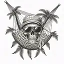 A skull wearing sunglasses relaxing in a hammock between two palm trees tattoo design idea