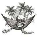 A skull wearing sunglasses relaxing in a hammock between two palm trees tattoo design idea