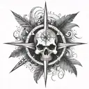 An intricate compass rose with a skull at the center, adorned with ocean waves and palm leaves tattoo design idea