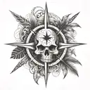 An intricate compass rose with a skull at the center, adorned with ocean waves and palm leaves tattoo design idea