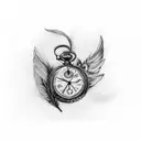 realism, wing, shadows, fallen feathers, pocket watch tattoo design idea