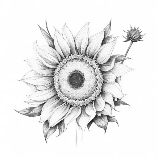 bouquet of flowers with 1 of each: december birth flower, may birth flower, and a sunflower. fine line  tattoo design idea