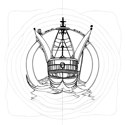 fine line seaway fishing boat in line frame tattoo design idea