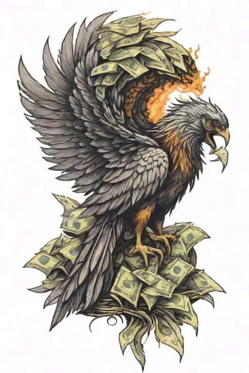 Phoenix bird sits on a mountain of money, its wings are folded, there is a fire on its head, there are sharp claws on it tattoo design idea
