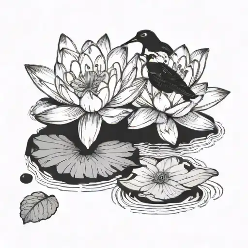 two water lilies with 3 blackbirds  tattoo design idea