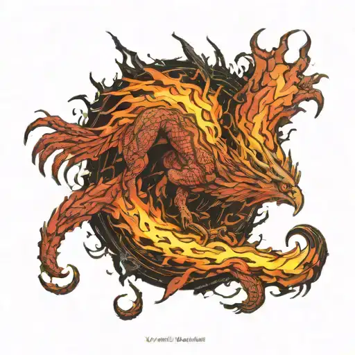 in the back phoenix talons planet in flames volcano in eruption in the background lava flowing on the thigh devil on tau tattoo design idea