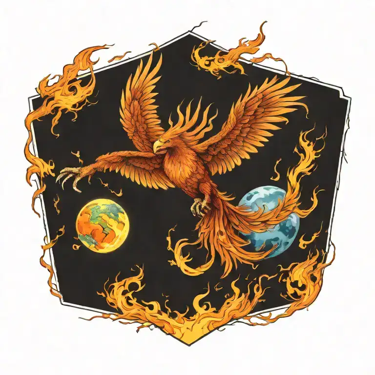 phoenix 3 quarter view in attack position holding the planet in flames and lava in its talons tattoo design idea