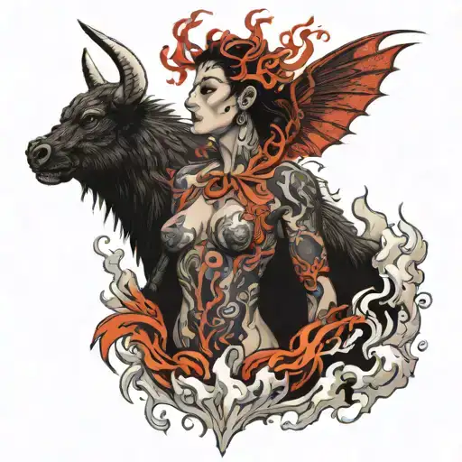 fenyx volcano in eruption devil she has a bull on her chest tattoo design idea