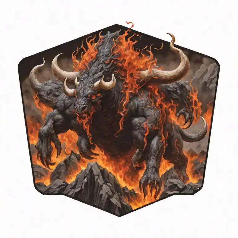 phoenix volcano lava river devil on a muscular bull tattoo design idea