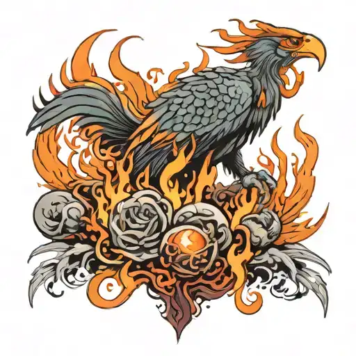 in the back phoenix talons planet in flames volcano in eruption in the background lava flowing on the thigh devil on tau tattoo design idea