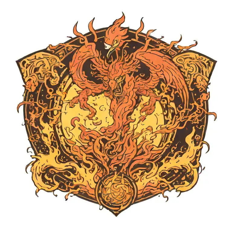 in the back phoenix talons planet in flames volcano in eruption in the background lava flowing on the thigh devil on tau tattoo design idea