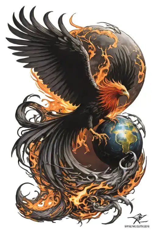curved phoenix 3 quarter view in attack mode swooping down on its prey with a planet in flames and lava in its talons tattoo design idea