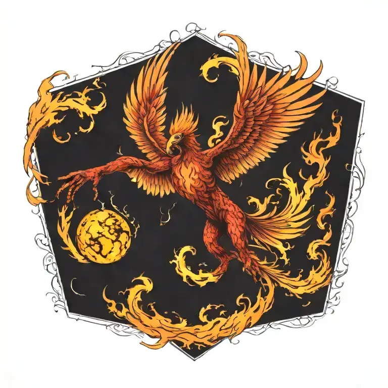 phoenix 3 quarter view in attack position holding the planet in flames and lava in its talons tattoo design idea