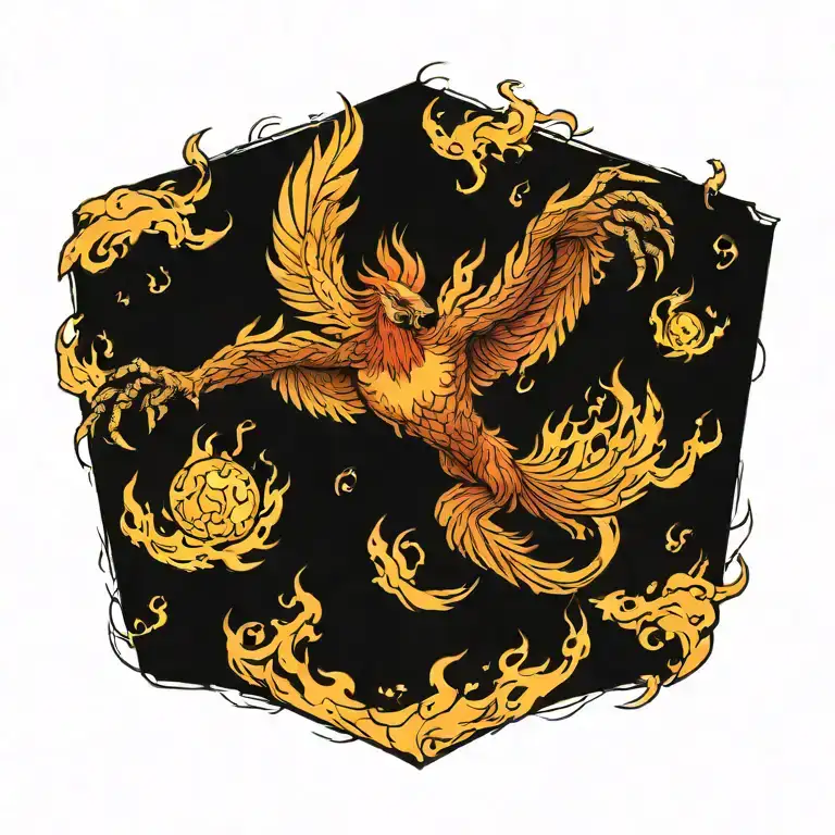 phoenix 3 quarter view in attack position holding the planet in flames and lava in its talons tattoo design idea