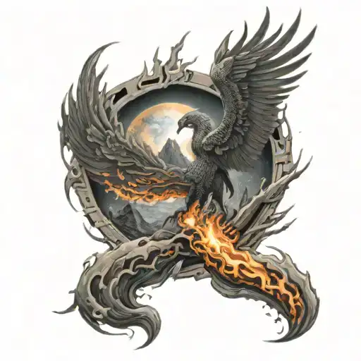 in the back phoenix talons planet in flames volcano in eruption in the background lava flowing on the thigh devil on tau tattoo design idea